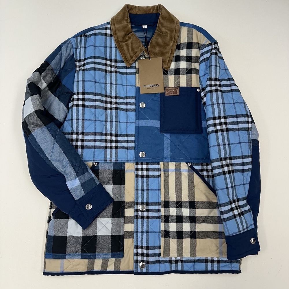 BURBERRY Blue & Light Almond Henham Patchwork Jacket Coat Mens Medium Baggie Fit